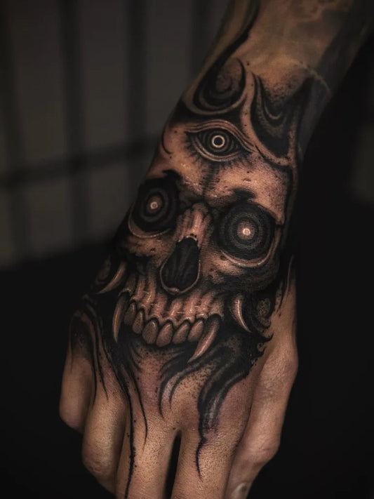 Medium Blackwork Demon Skull Tattoo on Men Hand by @blxcoxttt