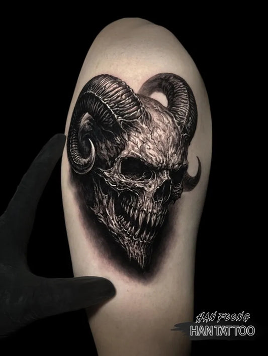 Medium Blackwork Demon Skull Tattoo on Men Shoulder by @hanfoong_tattoo