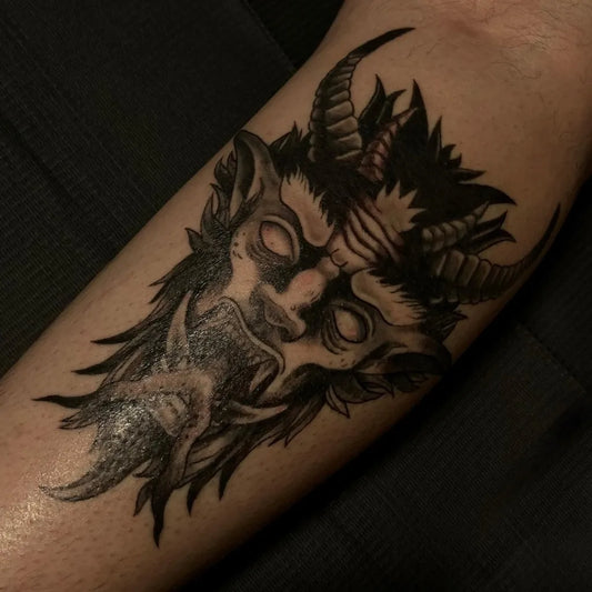 Medium Blackwork Demon Tattoo on Men Arm by @gloombugtattoo
