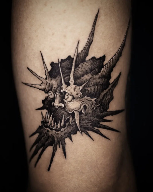 Medium Blackwork Demon Tattoo on Men Arm by @necro.museum