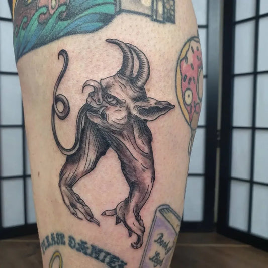 Medium Blackwork Demon Tattoo on Men Thigh by @alishajmcknight