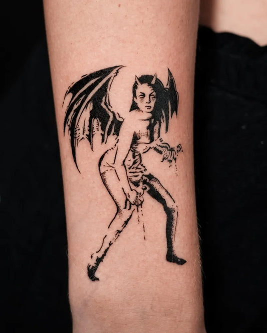 Medium Blackwork Demon Tattoo on Women Arm by @wrightonadesign