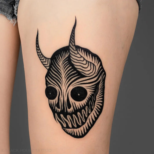 Medium Blackwork Demon Tattoo on Women Thigh by @blackhousetattoo