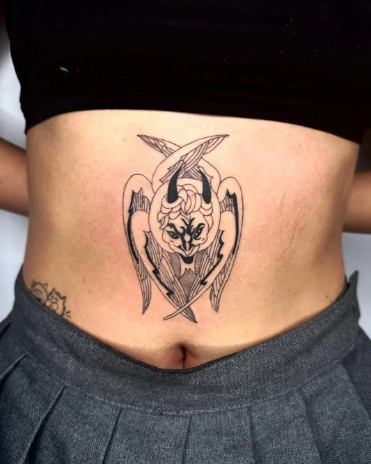 Medium Blackwork Demon Wings Tattoo on Women Stomach by @tuffbabytatts