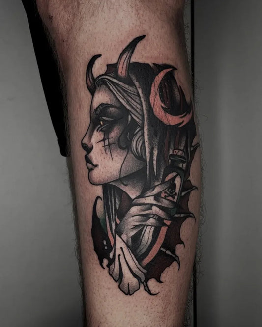 Medium Blackwork Demon Witch Tattoo on Men Leg by @denokormoran