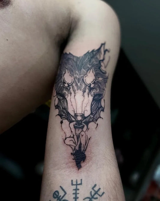 Medium Blackwork Demon Wolf Tattoo on Men Arm by @diogo_13tattoo