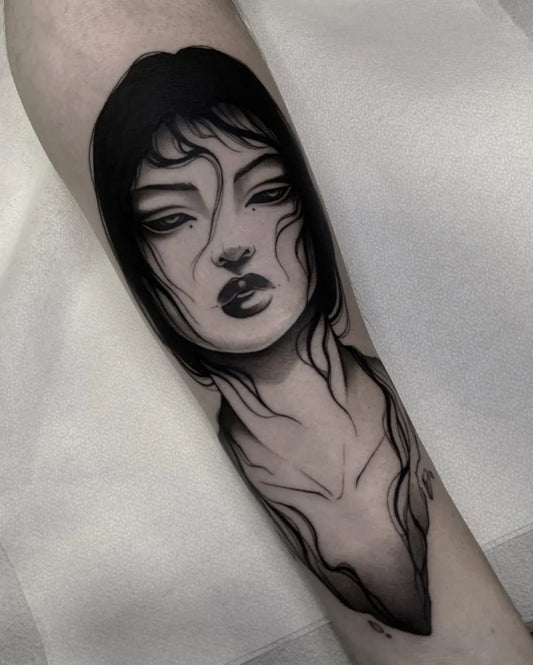 Medium Blackwork Demon Woman Arm Tattoo on Women by @barbara.tattooer