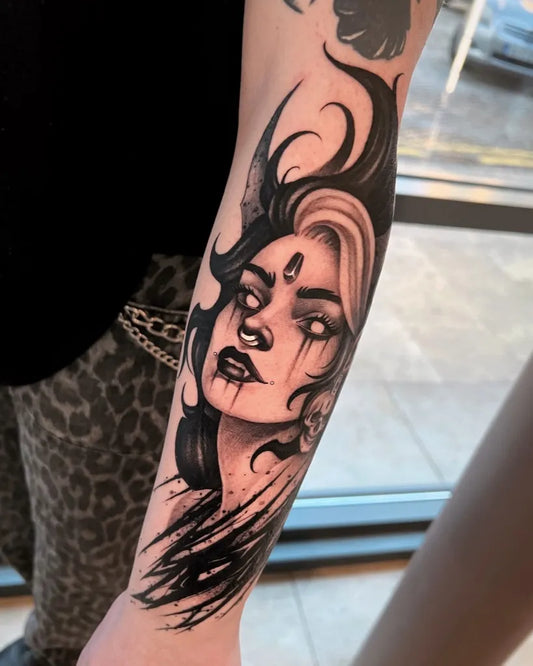 Medium Blackwork Demon Woman Arm Tattoo on Women by @lukeylines