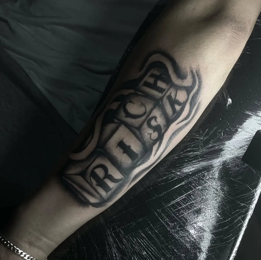 Medium Blackwork Dice Tattoo on Men Arm by @west_tattoo_ink