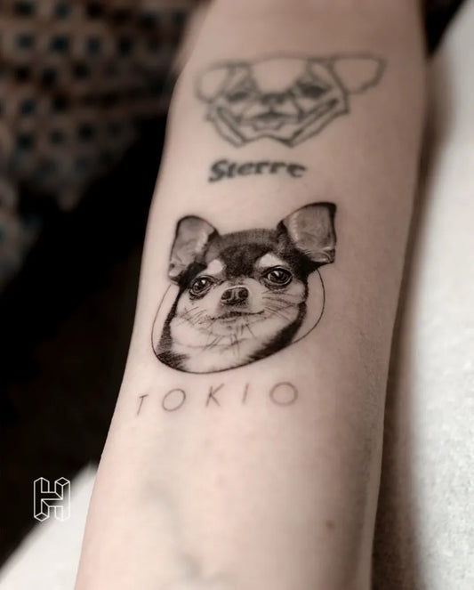 Medium Blackwork Dog Portrait Tattoo on Women Arm by @hanzloch.tattoo