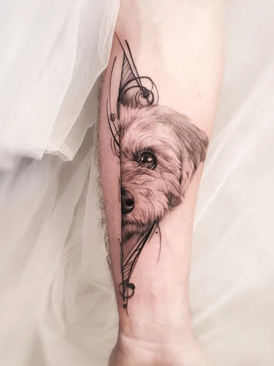Medium Blackwork Dog Tattoo on Men Arm by @okeydokeytattooedinburgh