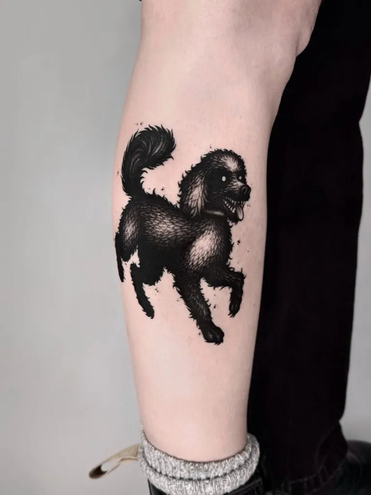 Medium Blackwork Dog Tattoo on Women Thigh by @ohrwyrd