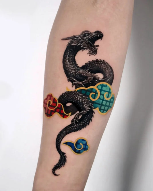 Medium Blackwork Dragon Cloud Tattoo on Men Arm by @mimique_tattoo