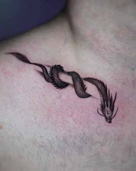 Medium Blackwork Dragon Tattoo on Men Collarbone by @tattoosbyblondie