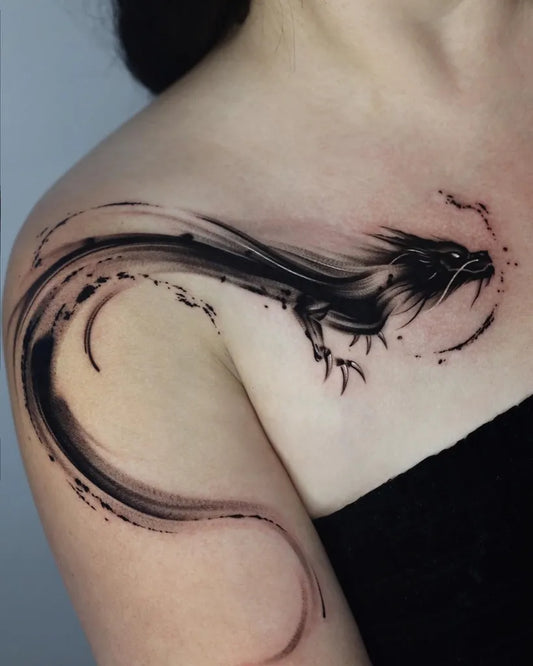Medium Blackwork Dragon Tattoo on Women Shoulder by @tattooist_mate
