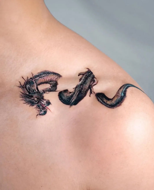 Medium Blackwork Dragon and Koi Tattoo on Women Collarbone by @equilattera