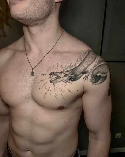 Medium Blackwork Dragon on Men Shoulder Tattoo by @gab7sz