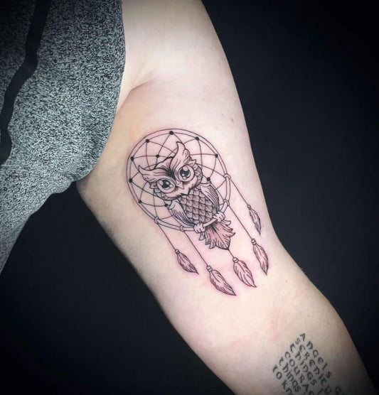 Medium Blackwork Dream Catcher Owl Tattoo on Women Arm by @eastsideringwood