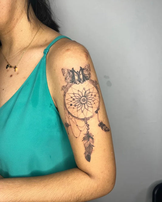 Medium Blackwork Dream Catcher with Butterflies Tattoo on Women Shoulder by @taiinkchi