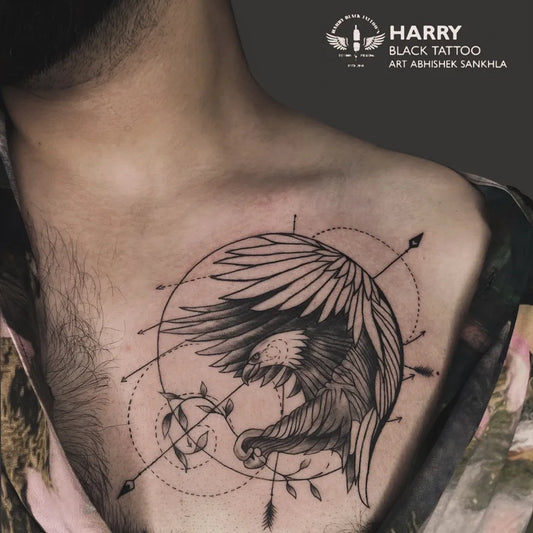 Medium Blackwork Eagle Arrow Compass Tattoo on Men Shoulder by @harryblacktattoos_studio