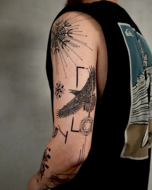 Medium Blackwork Eagle Sun Mandala Spiritual Tattoo on Men Arm by @vanngucci.cncpts