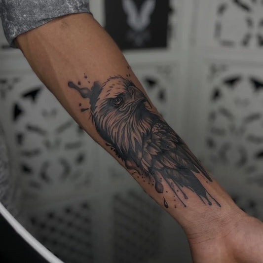 Medium Blackwork Eagle Tattoo on Men Arm by @foxxyink