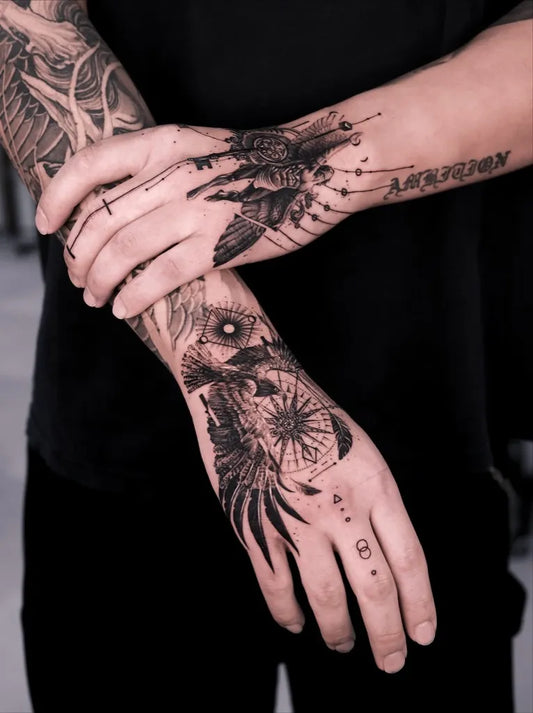 Medium Blackwork Eagle Wings Tattoo on Men Arms by @even_gmt.ink