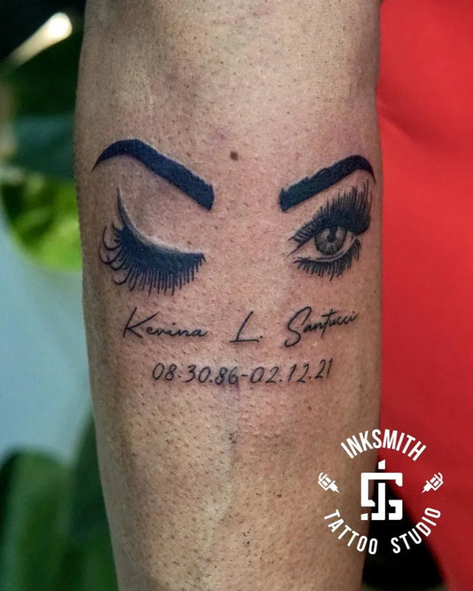 Medium Blackwork Eyes and Signature on Men Arm Tattoo by @inksmithtattoobda