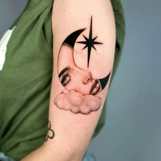 Medium Blackwork Face in Moon and Cloud Tattoo on Women Arm by @sarapetruccelli_tattooer