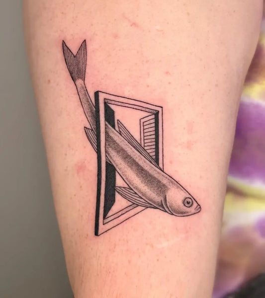 Medium Blackwork Fish Window Tattoo on Women Arm by @butterknife.tattoo