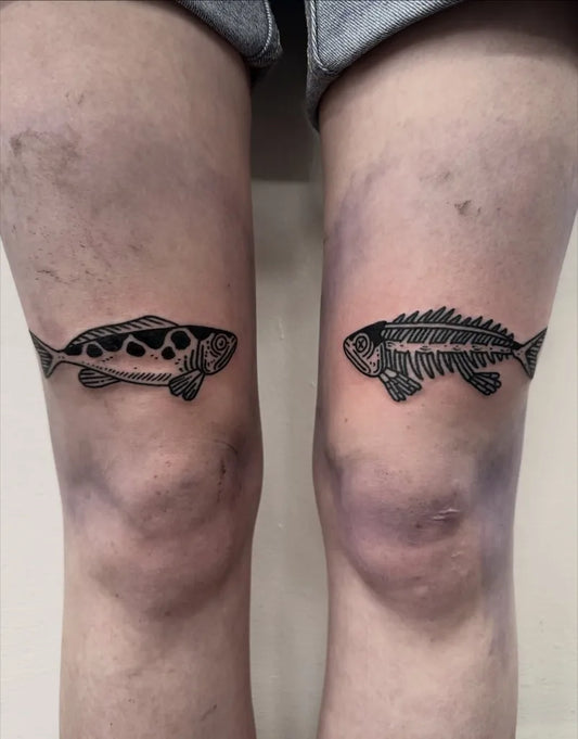 Medium Blackwork Fish and Skeleton Tattoo on Women Legs by @jvckbarrow