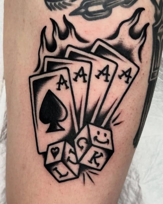Medium Blackwork Flaming Aces Dice Tattoo on Men Arm by @allo_tattooer