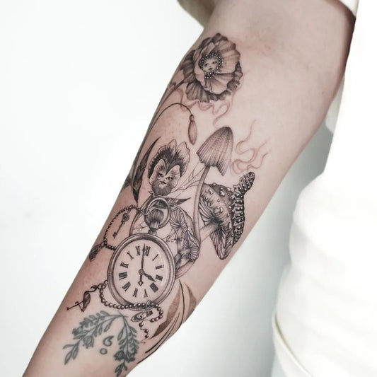 Medium Blackwork Flamingo Mushroom Clock Tattoo on Women Arm by @keezy.tattoo