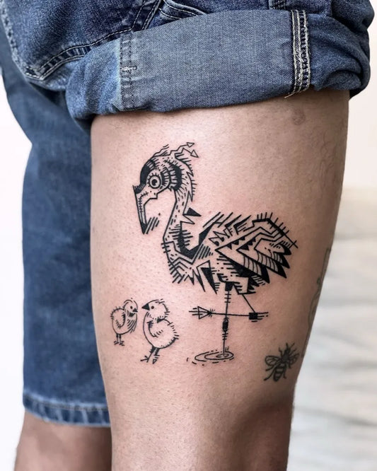 Medium Blackwork Flamingo and Chicks Tattoo on Women Thigh by @denizcimlikaya