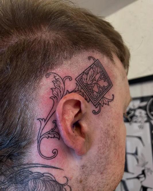 Medium Blackwork Floral Design Tattoo on Men Head by @froggiemaggie.tattoo