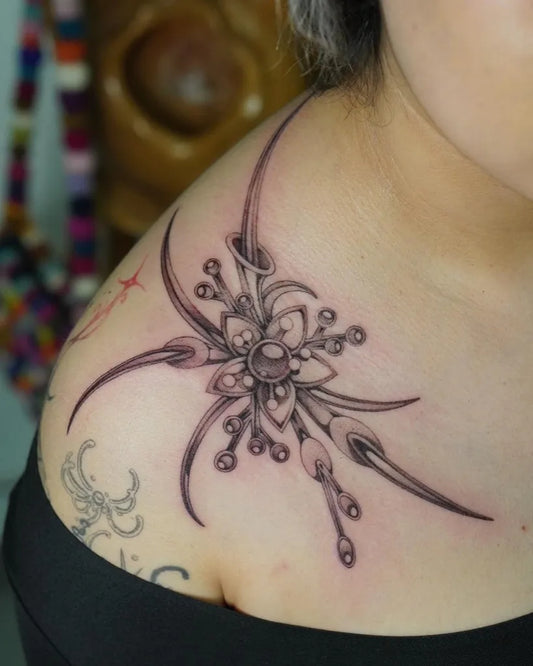 Medium Blackwork Floral Design Tattoo on Women Shoulder by @ling.is.eel