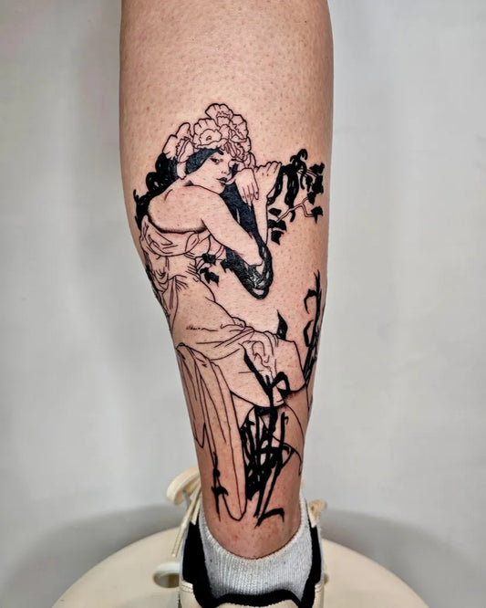 Medium Blackwork Floral Figure Tattoo on Women Calf by @paintedsoularts