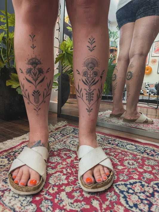Medium Blackwork Floral Mandala Spiritual Tattoo on Women Legs by @sarahwilde.tattoos