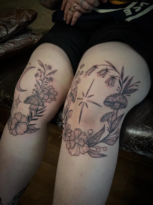 Medium Blackwork Floral Mushroom Moon Tattoo on Women Knee by @redtillytattoo