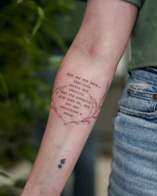 Medium Blackwork Floral Quote Tattoo on Women Arm by @bassalo.fineline