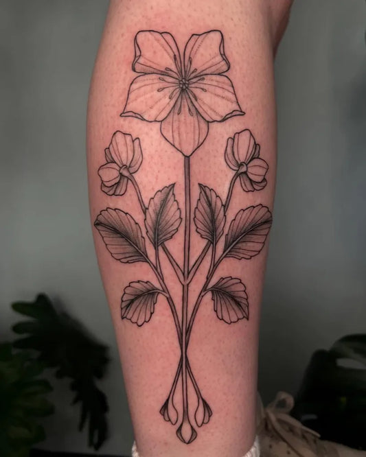 Medium Blackwork Flower Bouquet Tattoo on Women Calf by @noelle_adrienne