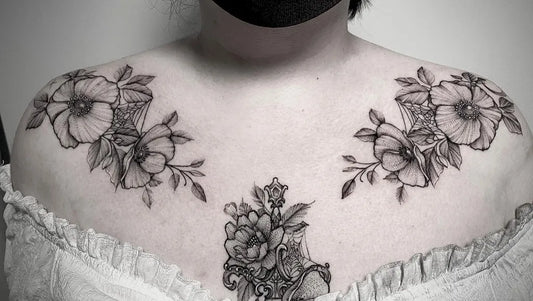 Medium Blackwork Flowers Tattoo on Women Collarbone by @botanicalbodyart