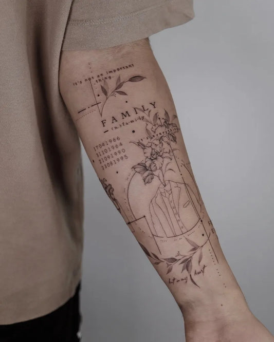 Medium Blackwork Flowers and Text Family Tattoo on Men Arm by @themonoink