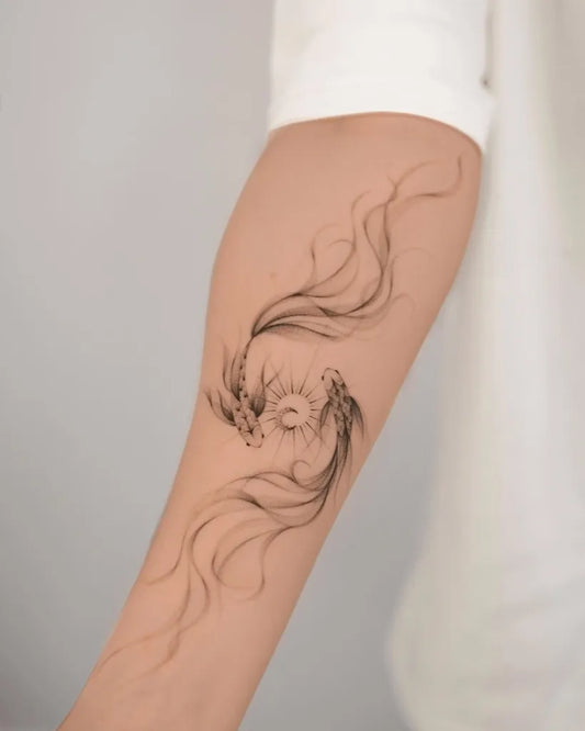 Medium Blackwork Flowing Koi Fish Tattoo on Women Arm by @karinamadz.tattoo