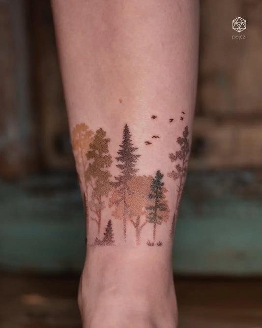 Medium Blackwork Forest Silhouette Birds Nature Tattoo on Women Leg by @pejczi