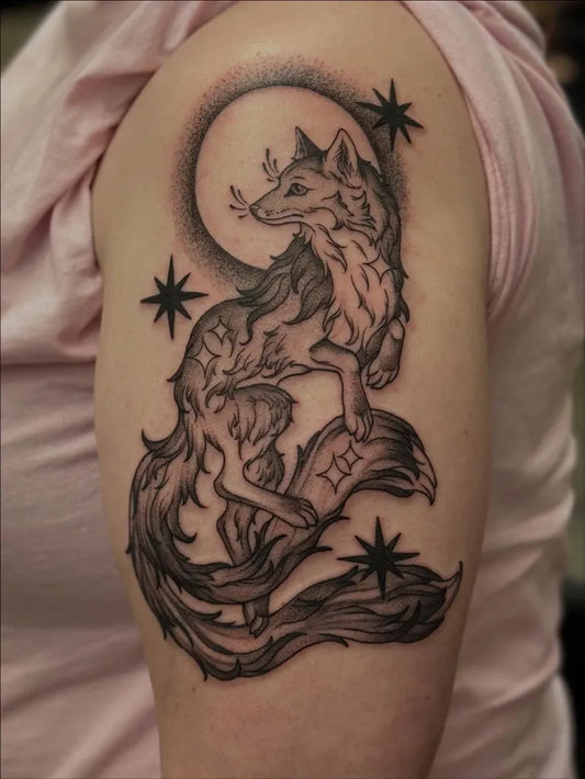 Medium Blackwork Fox Moon Stars Tattoo on Women Shoulder by @mushiesandink