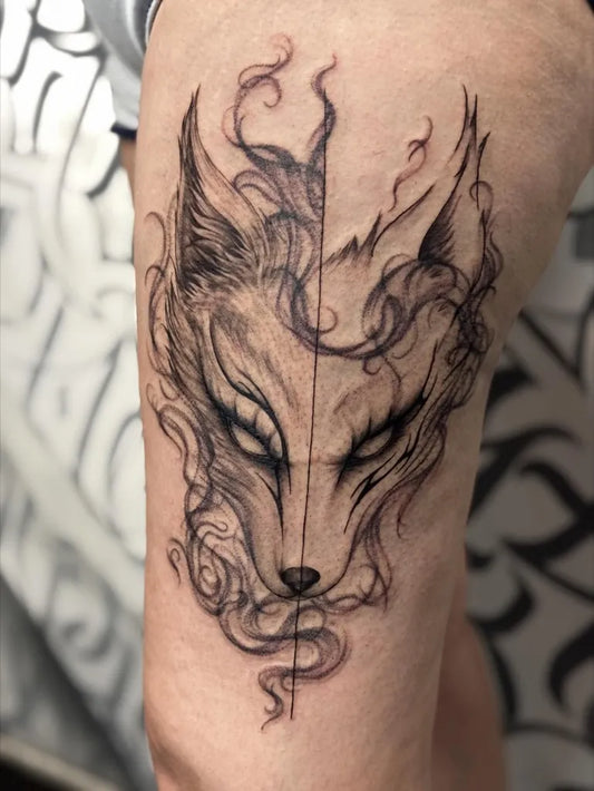 Medium Blackwork Fox Tattoo on Men Thigh by @gemma.dilemma.tattoo