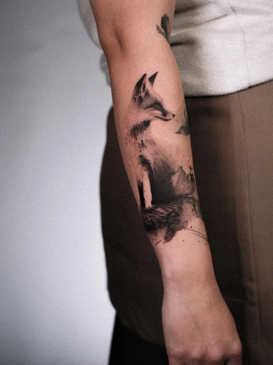 Medium Blackwork Fox Tattoo on Women Arm by @yingting.ink