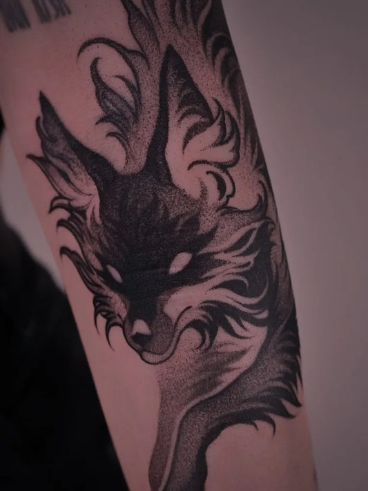 Medium Blackwork Fox Tattoo on Women Arm by @zu_immortal