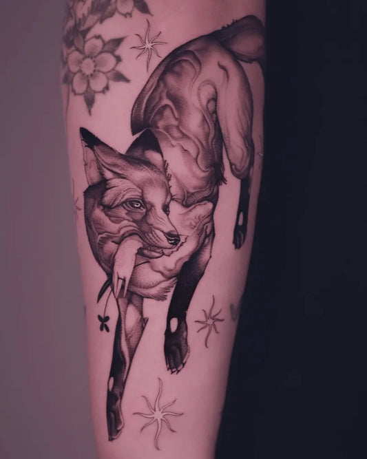 Medium Blackwork Fox and Flowers Animal Tattoo on Women Arm by @9rukim